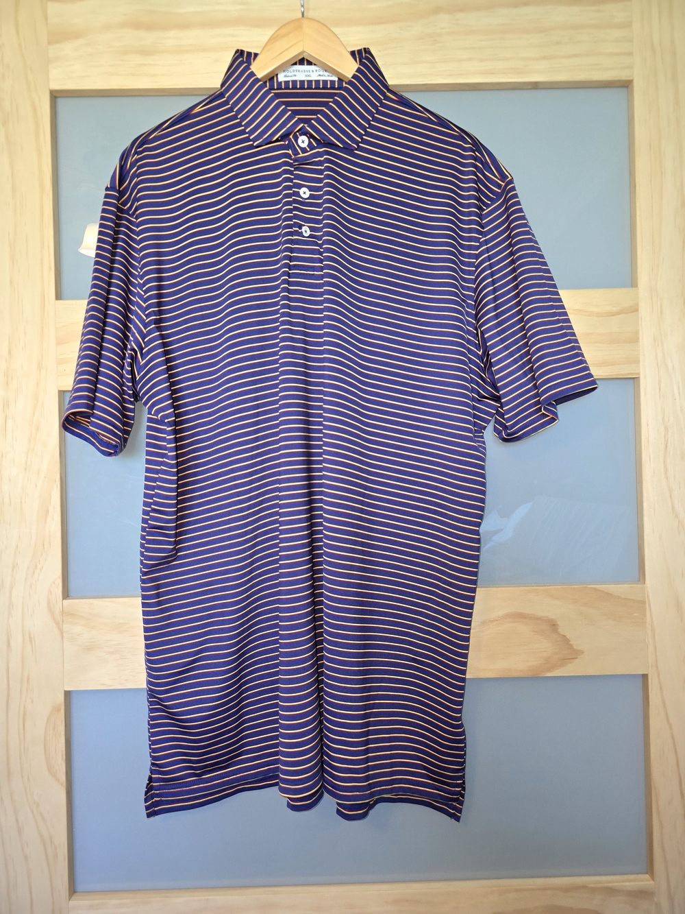 Holderness & Bourne Men's Striped Polo Shirt - Navy with Yellow & Red Stripes